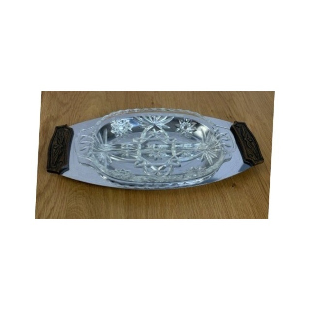 Kromex Divided Glass Dish Chrome Tray Set Silver Brown Good MCM Starburst